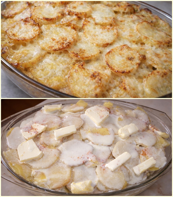 Cartofi cu piept de pui gratinati