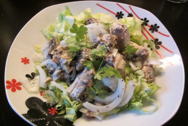 Salata verde cu sardine in ulei si ceapa alba