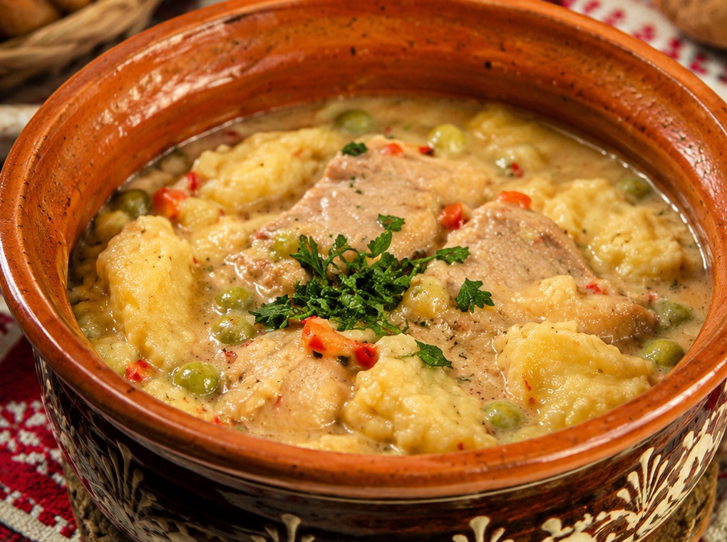Paprikas cu carne, mazare si galuste