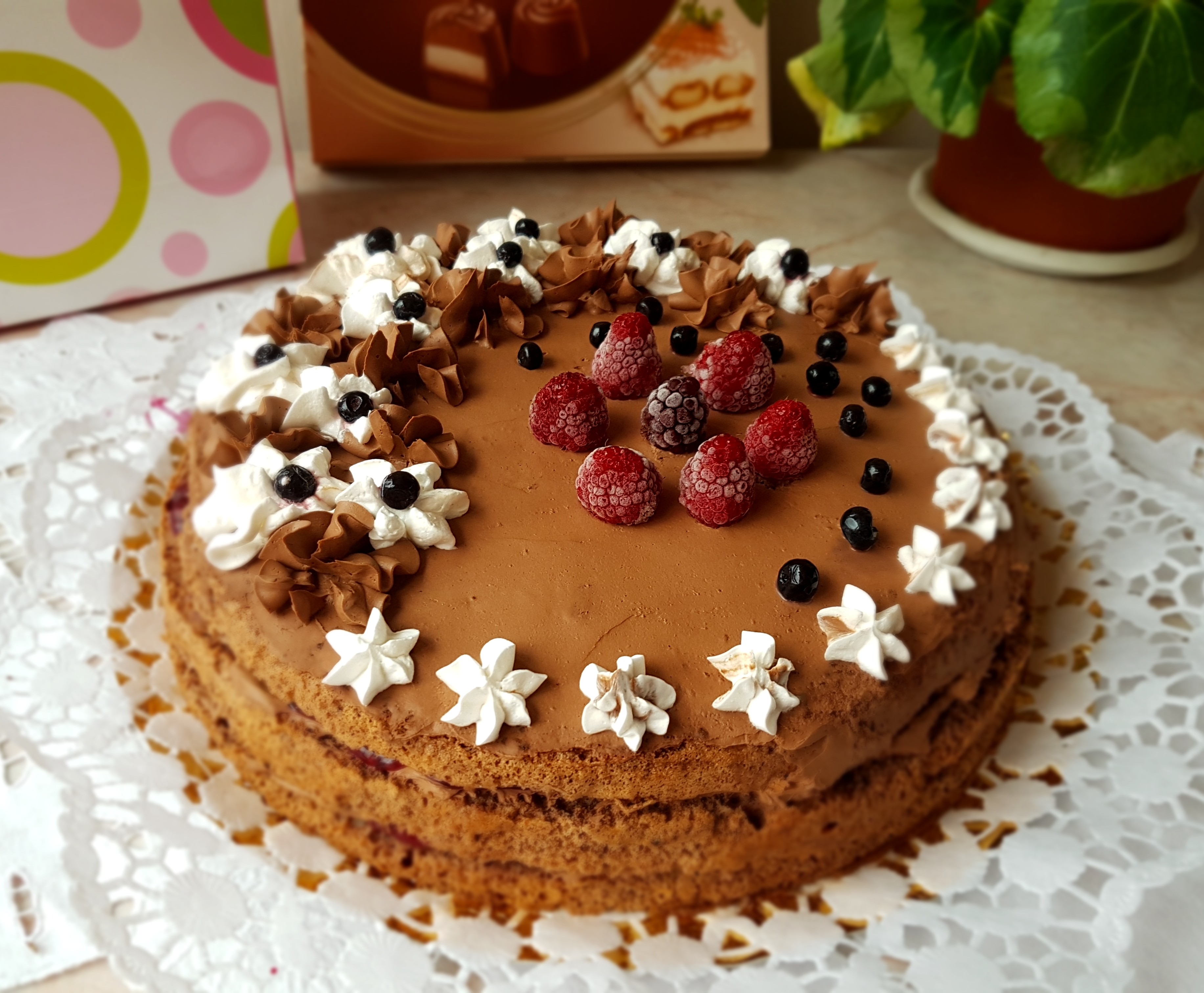 Desert tort cu crema de ciocolata si jeleu de fructe de padure