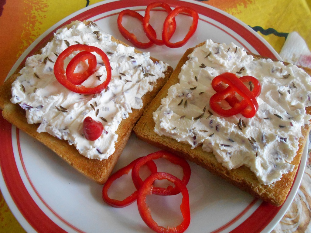 Aperitiv pasta tartinabila din branza de vaci, cu ceapa rosie si chimen